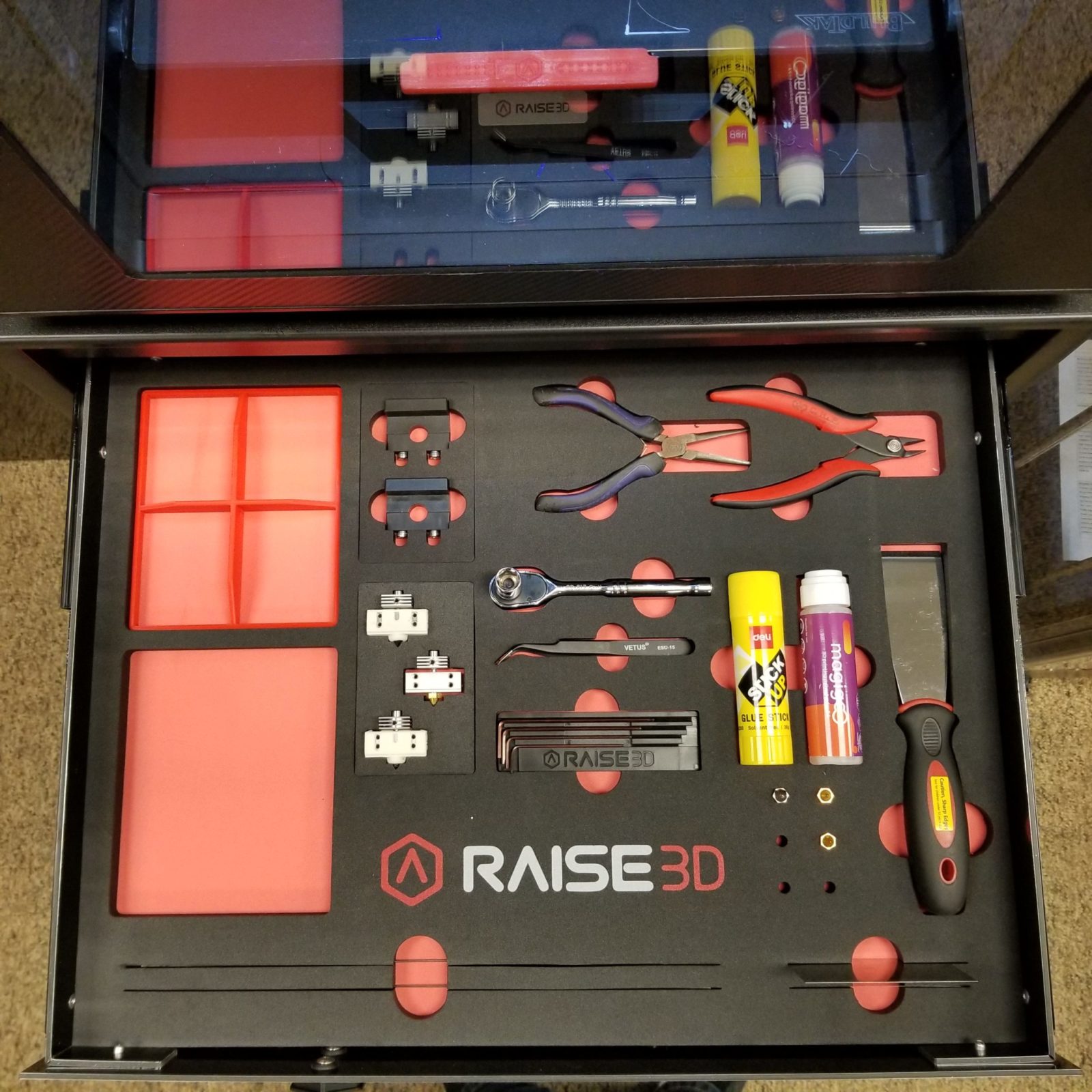 3D Printer Accessory. Close Up of 3D Printer Cart Drawer with Tools